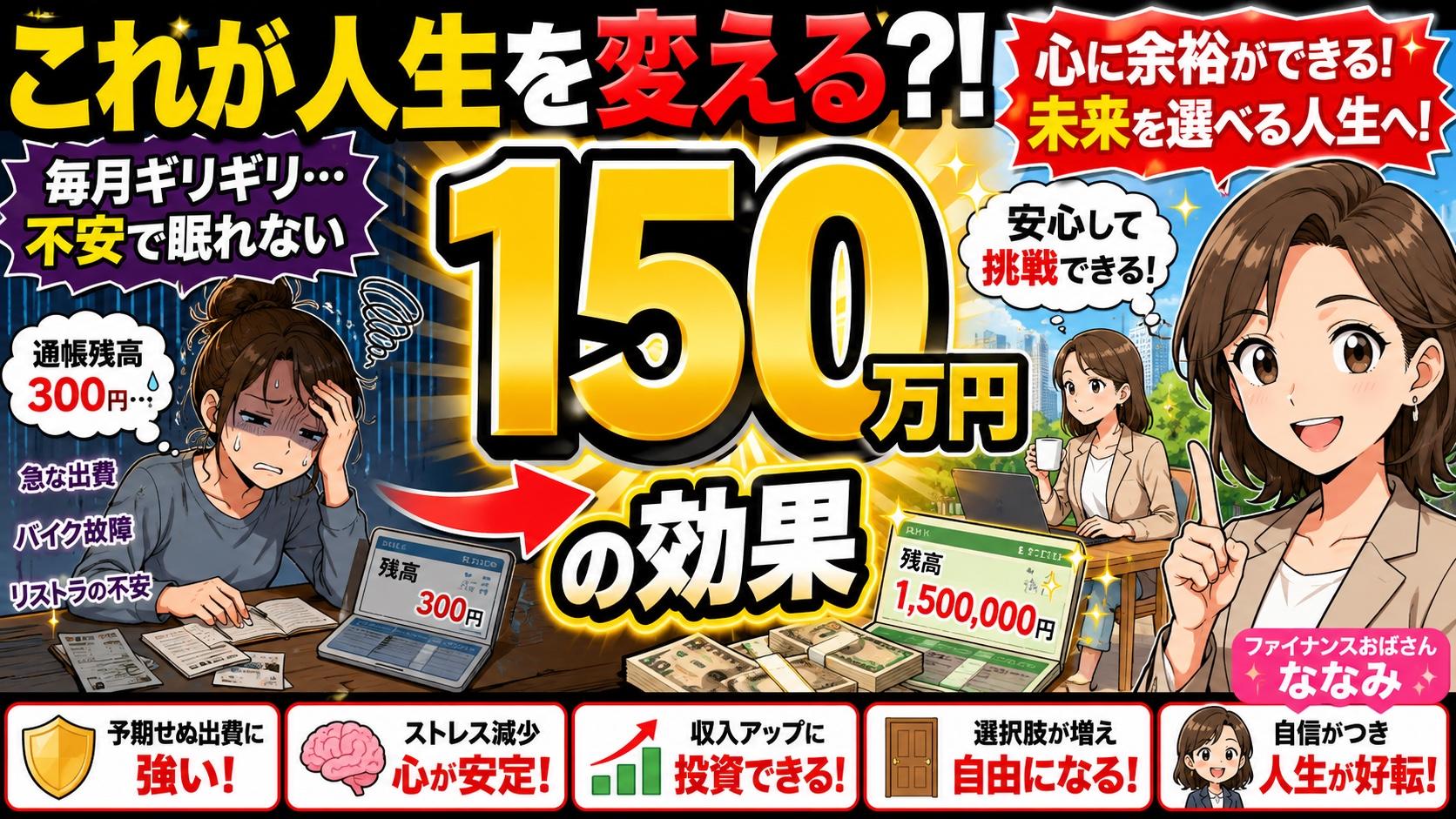 150万円貯金によって不安が減り人生の選択肢が増えるイメージ